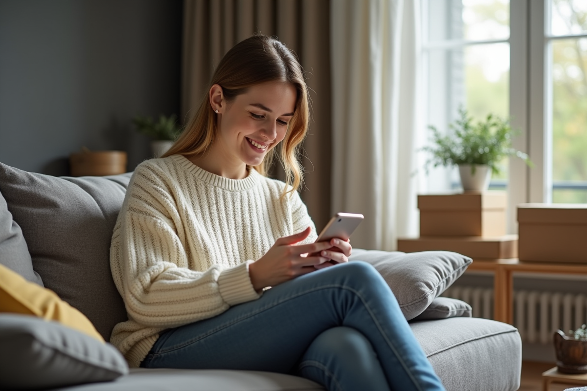 Jeune femme souriante avec pull et jeans dans un salon