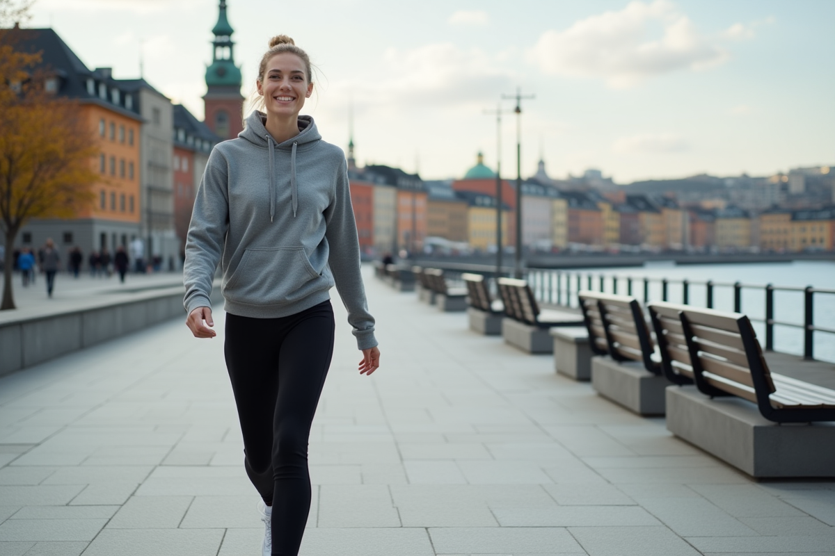 Femme scandinave en athleisure marchant à Stockholm