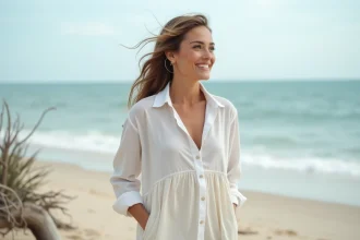 Femme souriante en robe blanche près de la mer