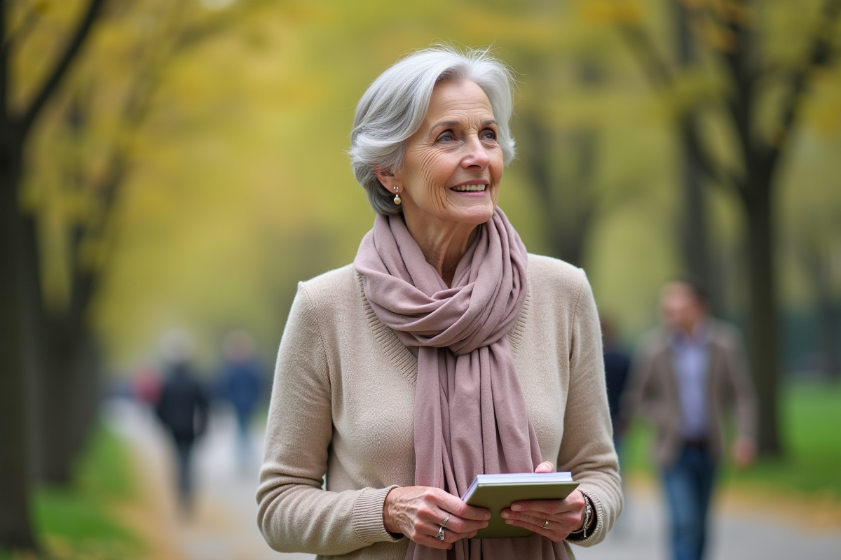 Femme de 60 ans souriante dans un parc au printemps