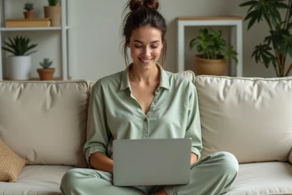 Femme en robe verte décontractée naviguant sur le site Kiabi depuis son canapé à la maison