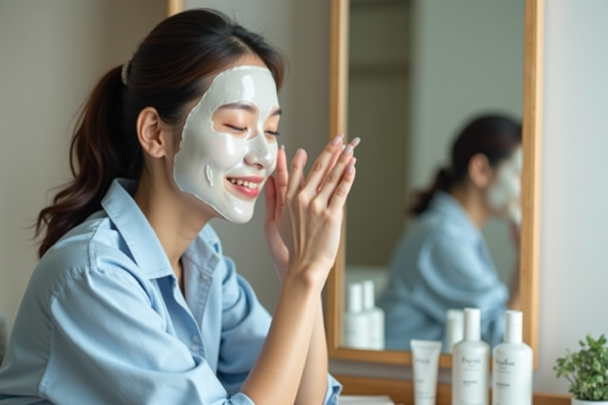 Femme appliquant un masque visage dans un cadre moderne