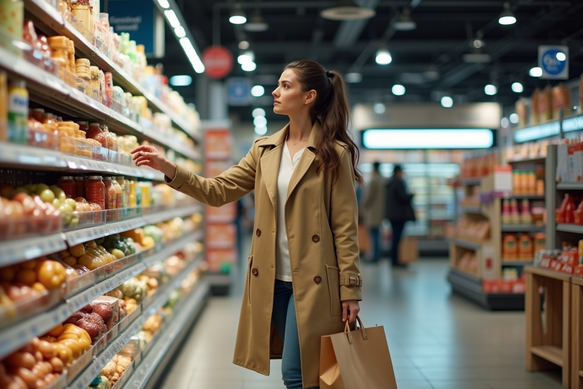 Femme faisant ses courses dans un supermarche francais