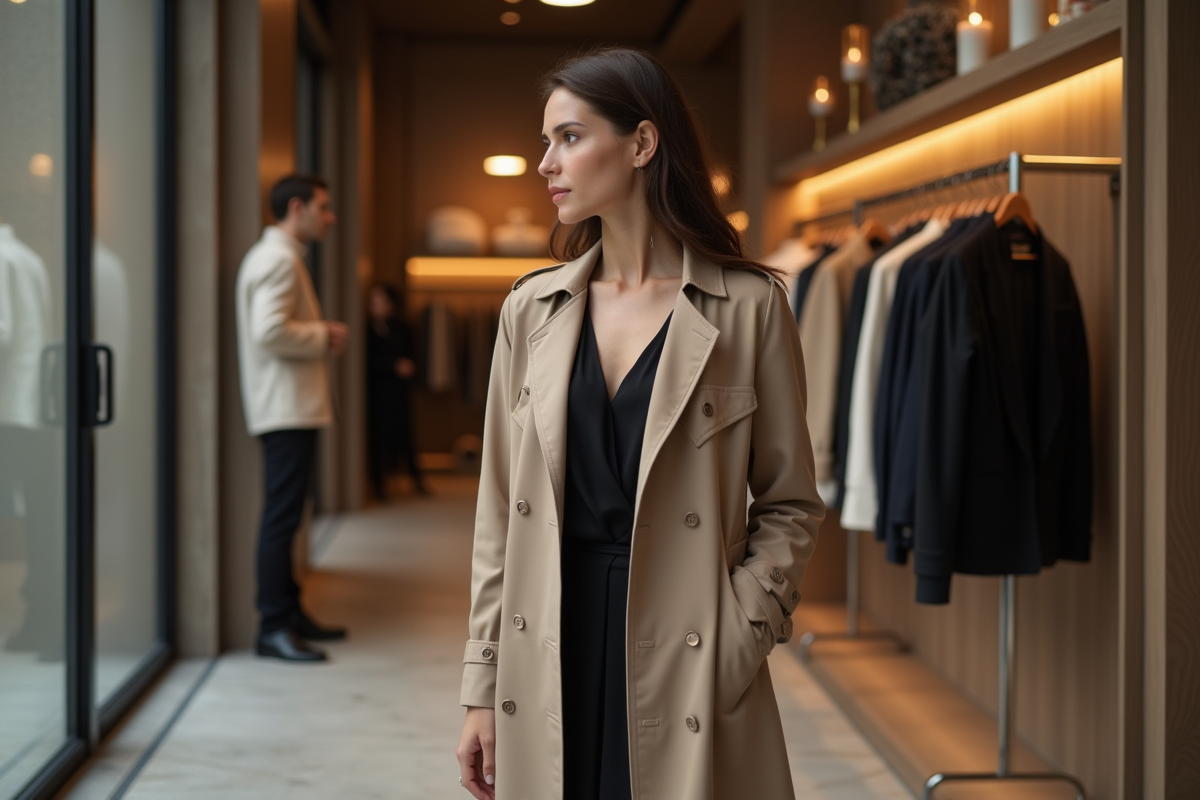 Femme en trench beige dans une boutique élégante