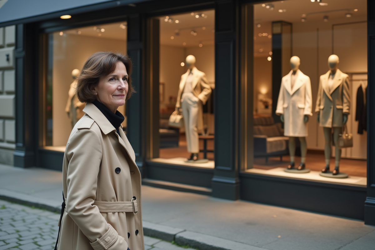 Femme en trench beige dans une rue urbaine élégante