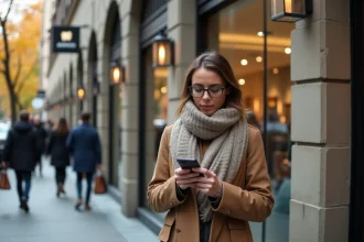 Femme en trench et écharpe lisant une actualite en ville