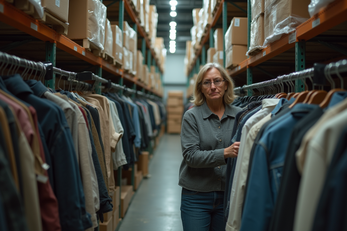 Femme inspectant des vêtements en stock dans un entrepôt