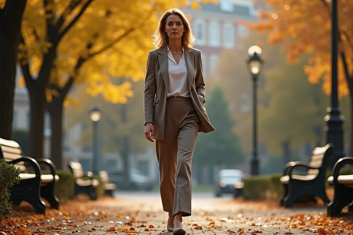 Femme &eacute;l&eacute;gante marchant dans un parc automnal