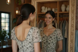 Femme souriante essayant une robe vintage devant un miroir
