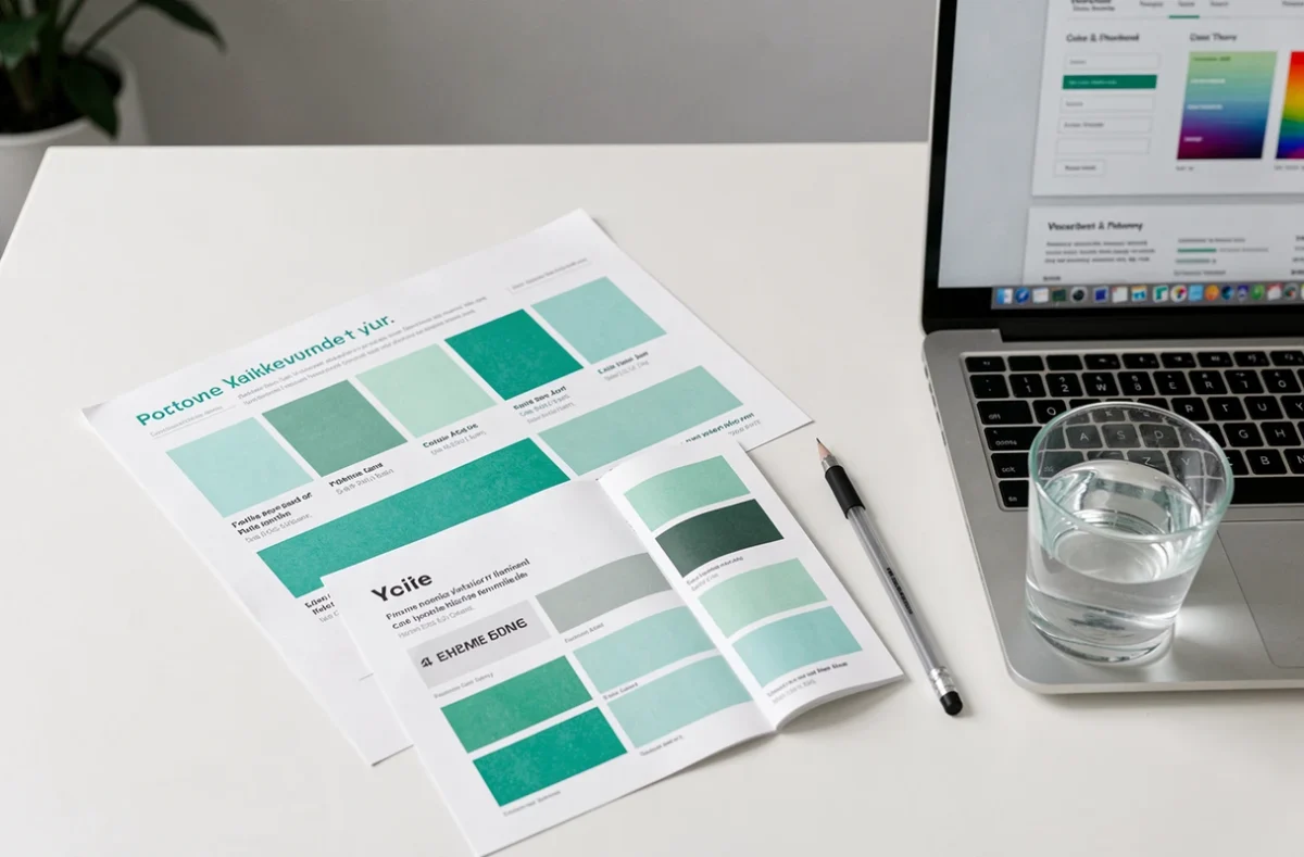 Flat lay de maquettes web avec nuancier vert d'eau et guide Pantone sur bureau blanc en vue de dessus