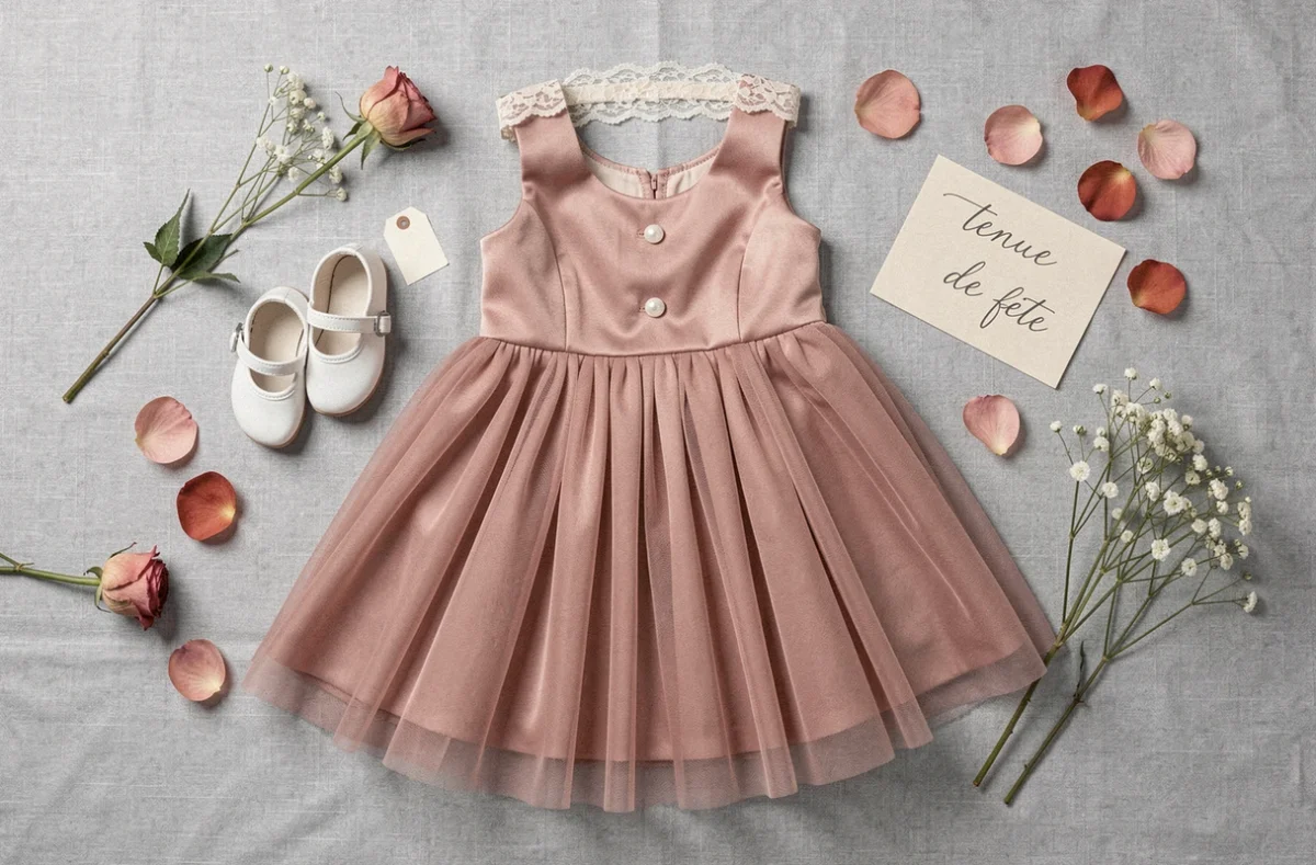 Flat lay d'une robe de fête bébé en tulle rose poudré avec chaussures Mary Jane et accessoires élégants à petit prix