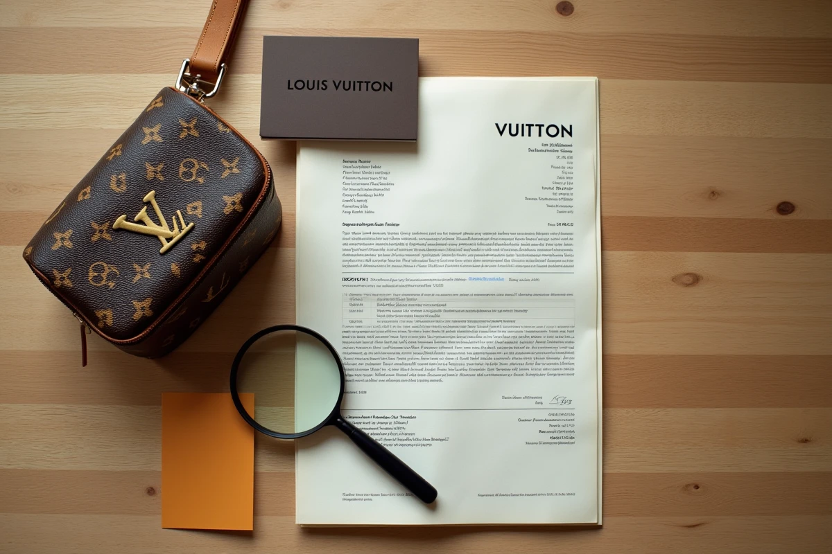 Vue de dessus d'un sac Louis Vuitton monogram, sa facture officielle et une loupe pour vérifier l'authenticité du numéro de série