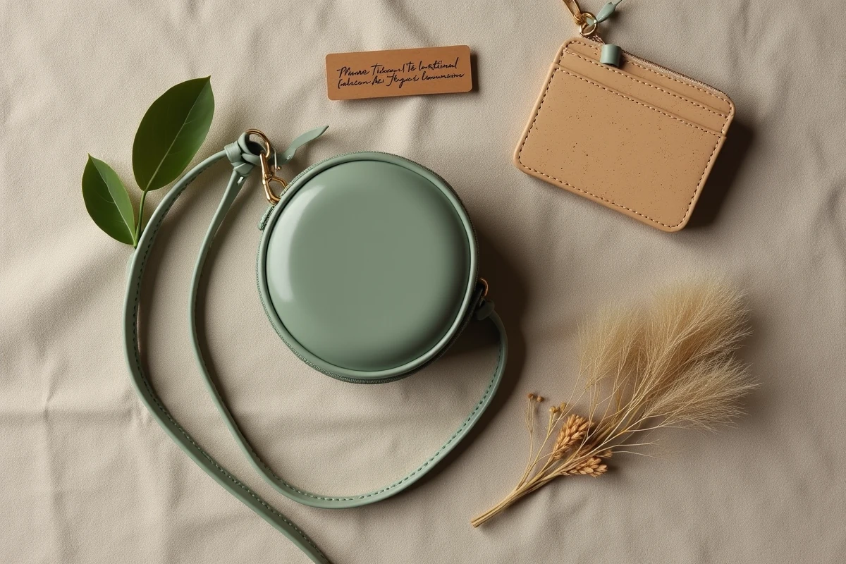 Flat lay de sacs et accessoires vegans français en cuir de cactus vert sauge et liège ivoire sur fond de lin naturel