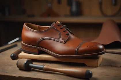 Forme à chaussures réglable en bois insérée dans un richelieu en cuir marron sur un établi d'artisan cordonnier