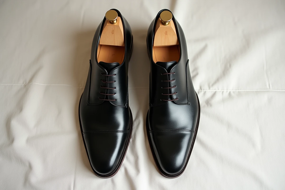 Paire de chaussures en cuir noir équipée de formes réglables en bois pour élargissement, vue de dessus sur fond blanc