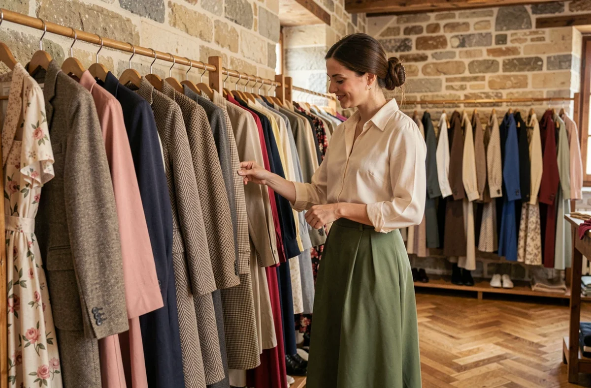 Femme parcourant des robes vintage années 60 dans la friperie du quartier Decré à Nantes, entre murs en pierre et parquet ancien