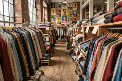 Vue panoramique de l'intérieur d'une friperie en Loire-Atlantique avec des vêtements vintage colorés sur des portants et des étagères en bois