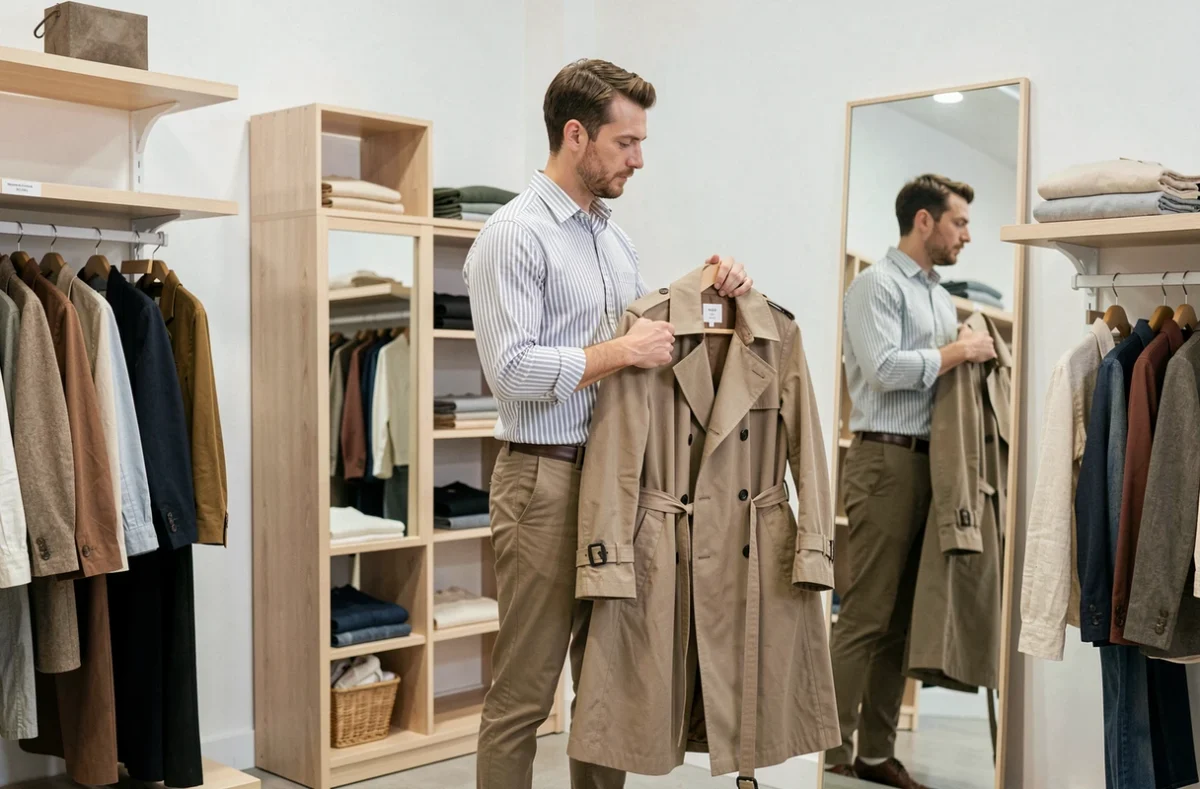 Homme essayant un trench-coat vintage dans le cadre épuré et scandinave de la boutique Frip'in Shop