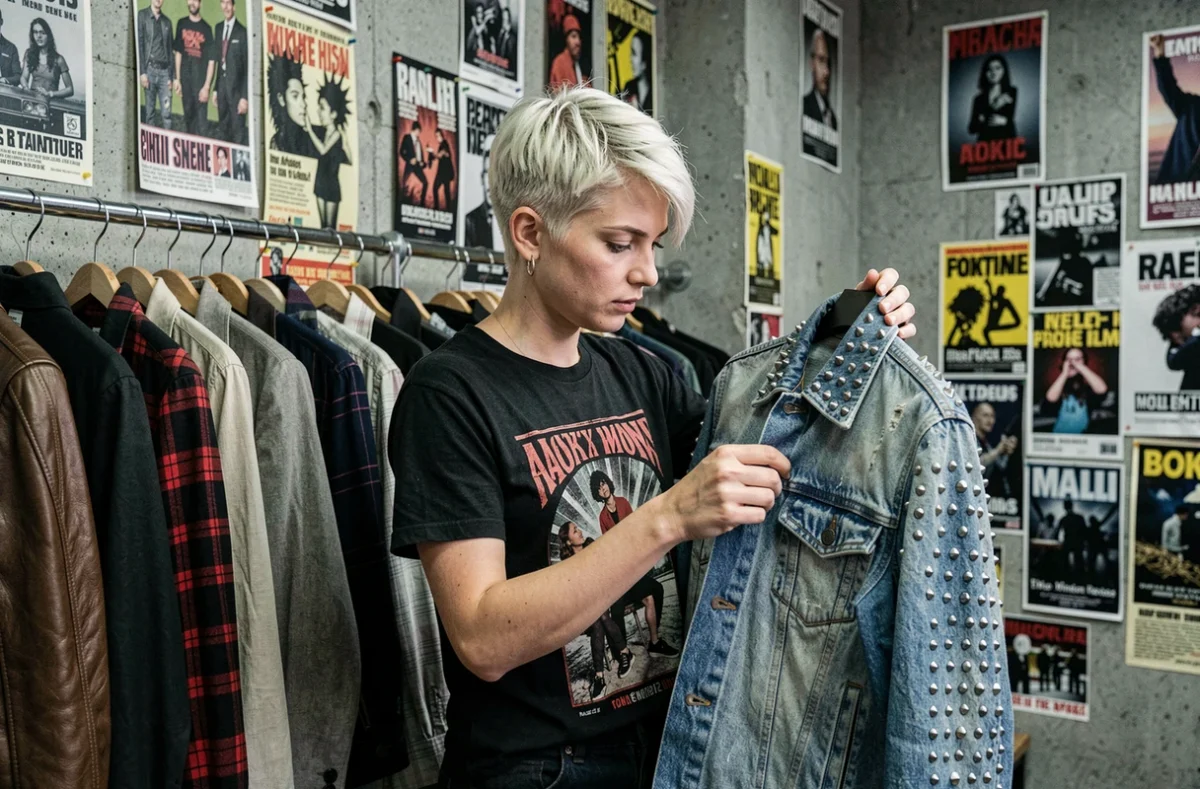 Intérieur punk et alternatif de Furies Friperie Furieuse avec vestes en cuir cloutées et décor de flyers sur murs en béton brut