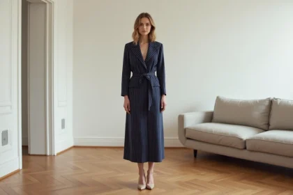 Femme petite taille portant une robe GRAIN d3 Malice à rayures verticales pour allonger la silhouette