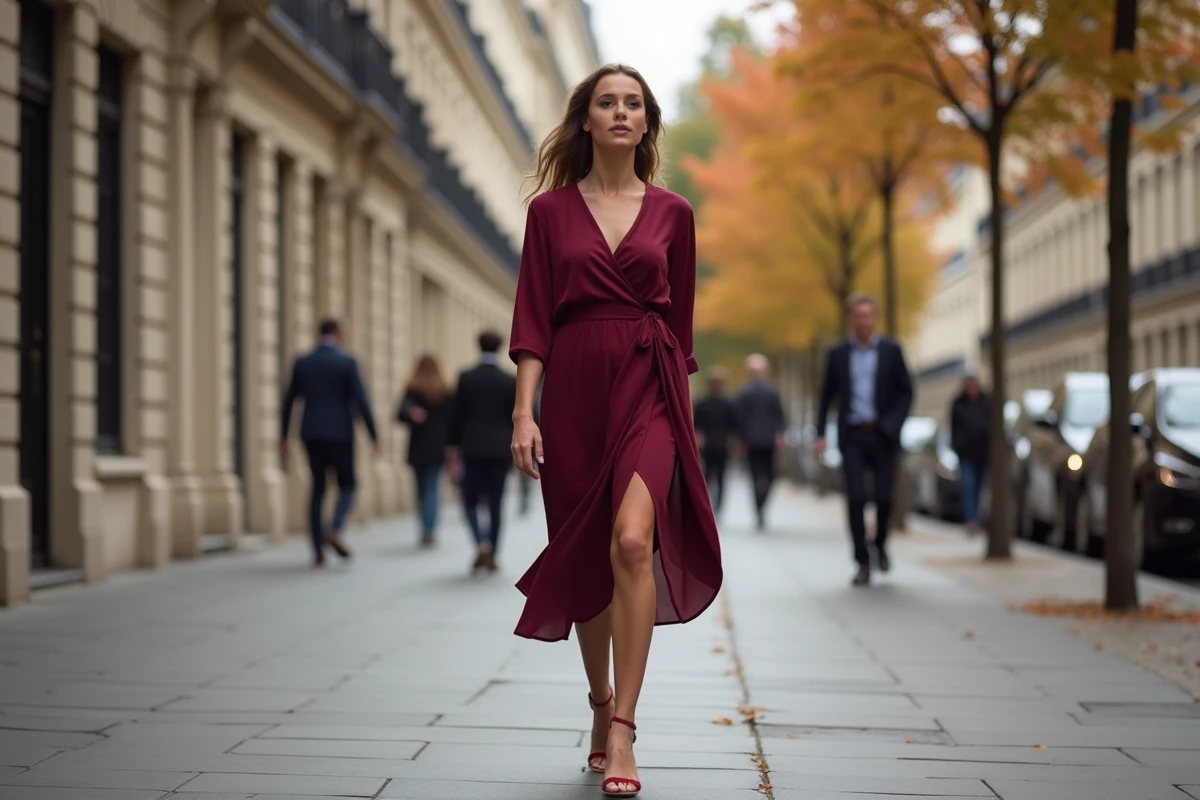 Femme petite taille en robe portefeuille GRAIN d3 Malice bordeaux marchant dans une rue parisienne