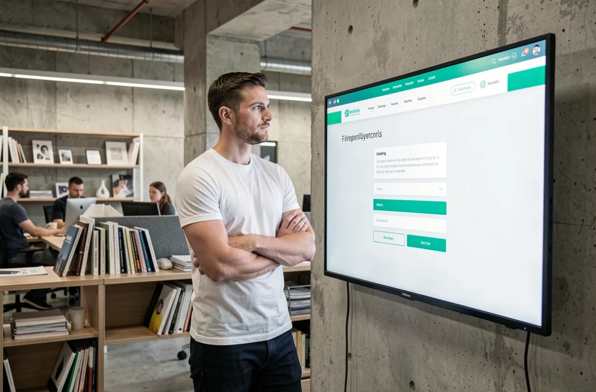 Graphiste debout devant un écran d'interface web avec des accents vert d'eau dans un bureau d'agence moderne