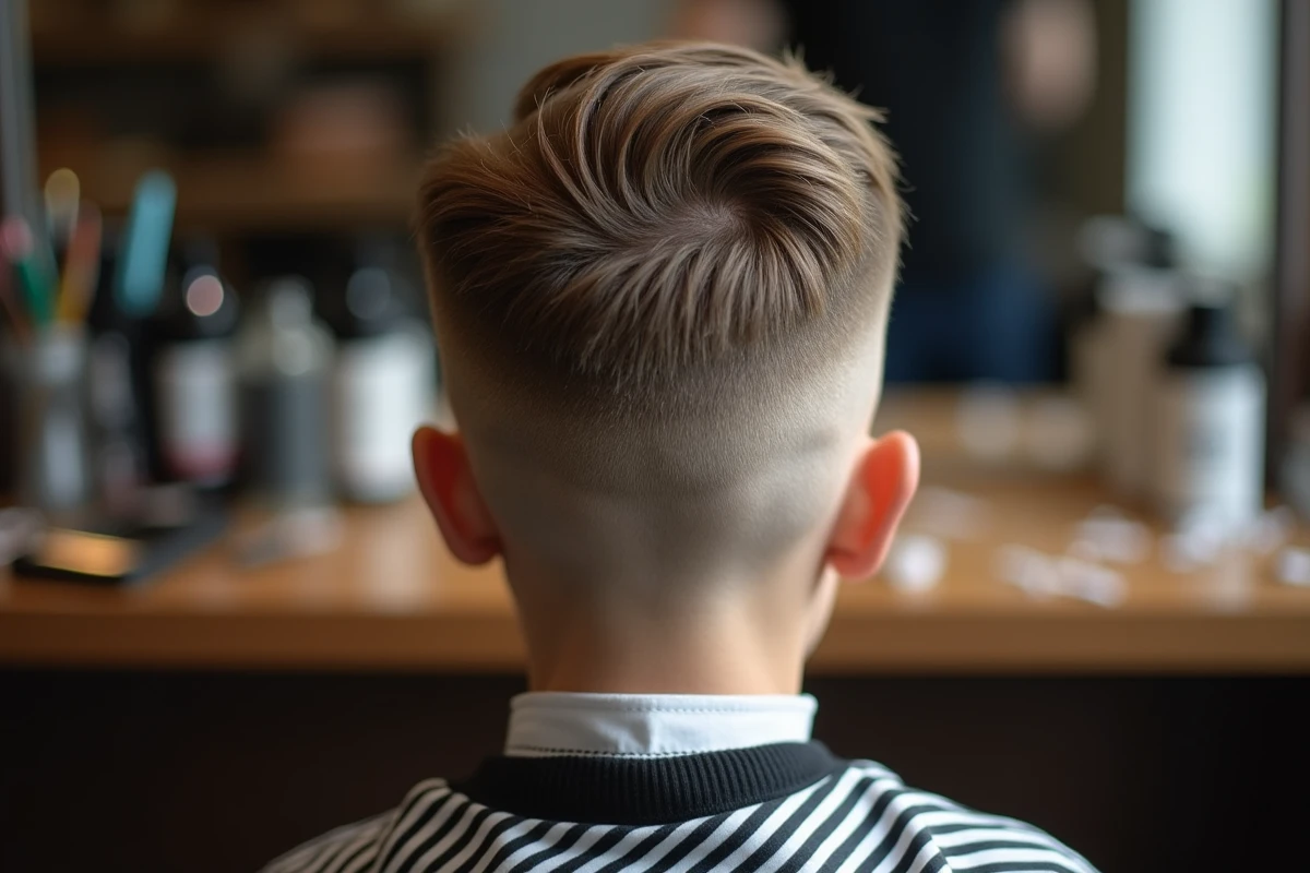 Gros plan sur une coupe casquette nette et précise réalisée sur un adolescent avec un dégradé soigné sur les tempes