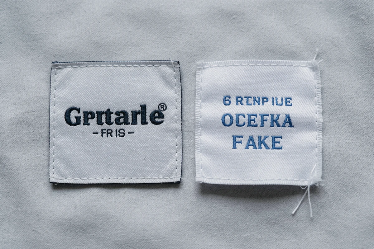 Gros plan comparatif de deux étiquettes de vêtements dont l'une révèle les signes distinctifs d'une fausse marque contrefaite