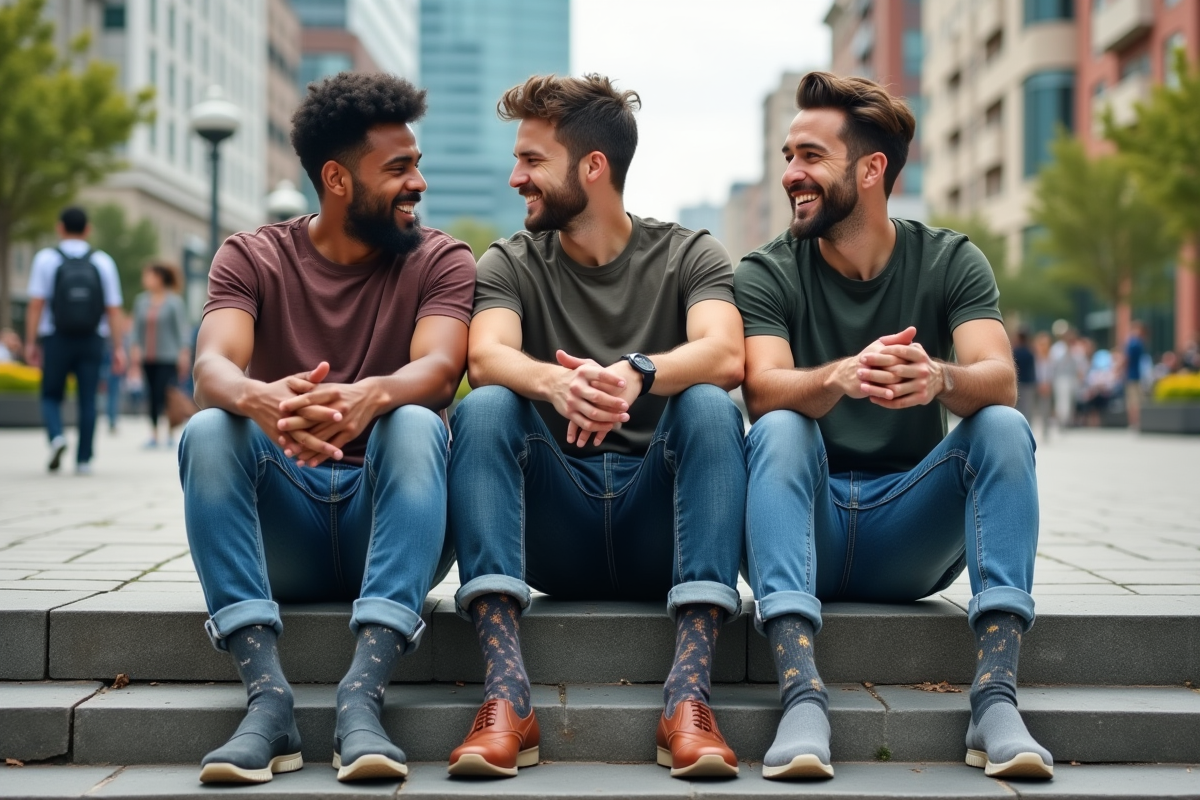 Groupe d amis en extérieur portant chaussettes originales