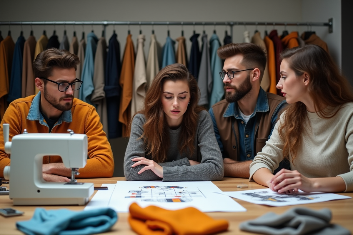 Groupe de jeunes créateurs de mode en discussion dans un studio