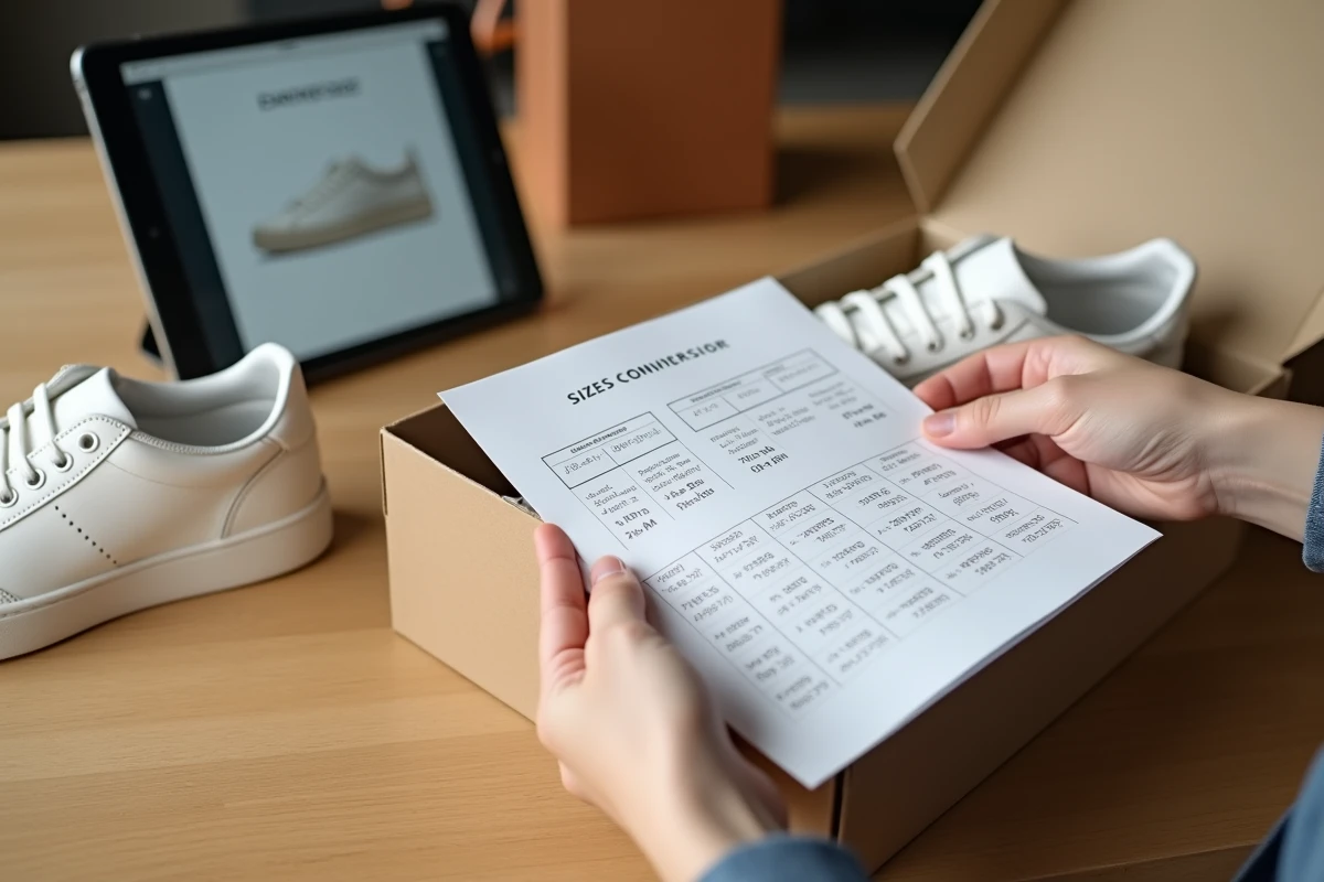 Mains tenant un guide de conversion de pointure imprimé à côté d'une sneaker blanche dans sa boîte avec tablette affichant un convertisseur en arrière-plan