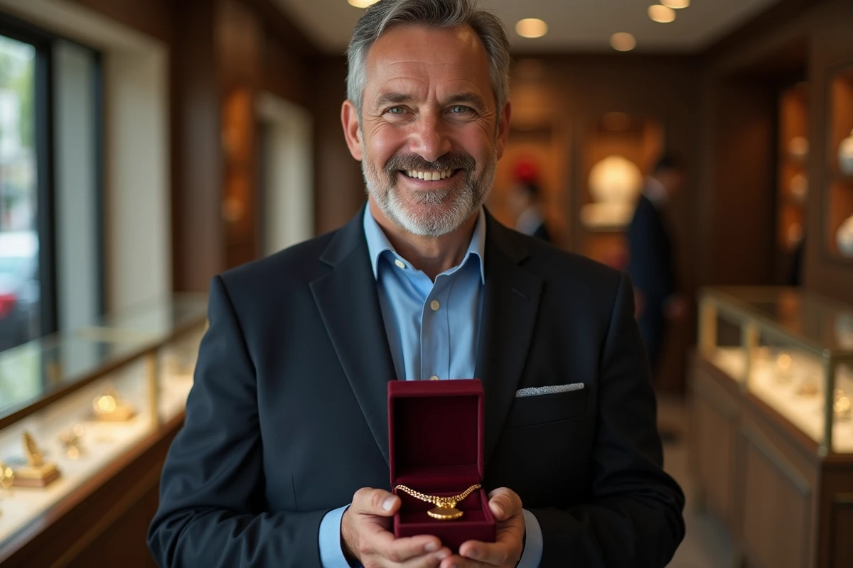 Homme pr&eacute;sentant un collier en or dans une bijouterie