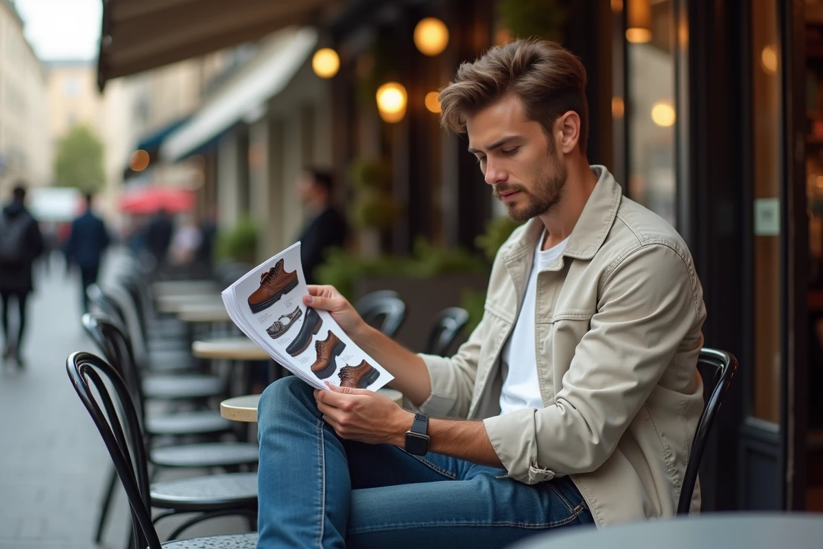 Homme au café parisien regardant un catalogue de chaussures