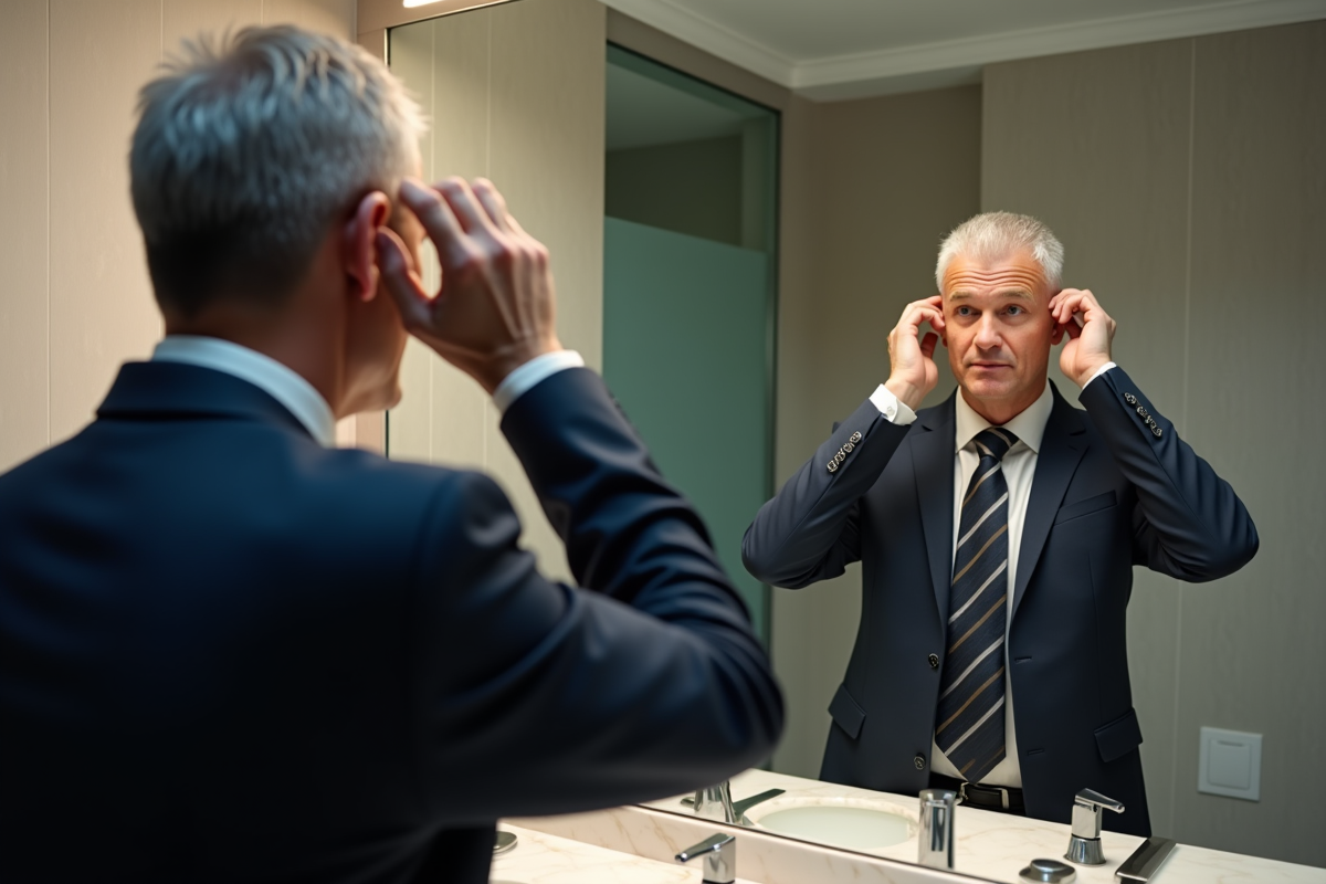 Homme en costume ajusté se coiffant dans un miroir de bureau
