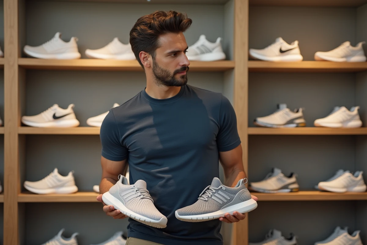 Homme comparant deux paires de baskets dans un magasin de chaussures pour trouver le meilleur rapport qualité-prix