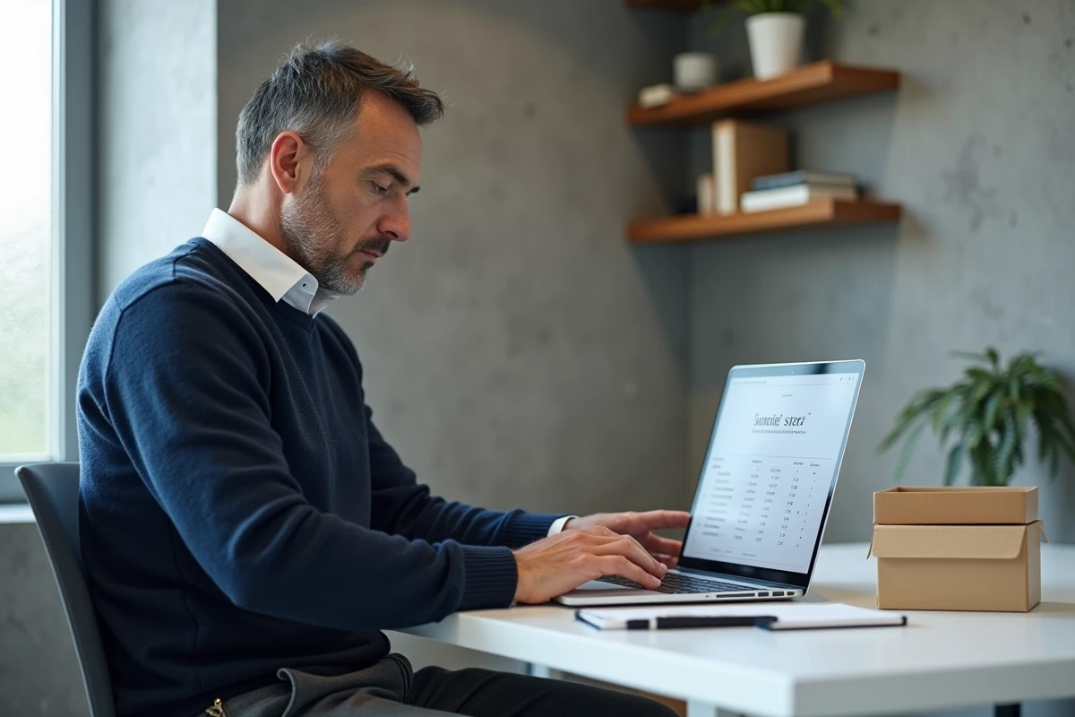 Homme utilisant un convertisseur de pointure en ligne sur ordinateur portable dans un bureau moderne avec des boîtes à chaussures