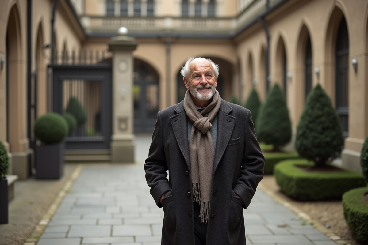 Homme en manteau dans une cour historique en pierre