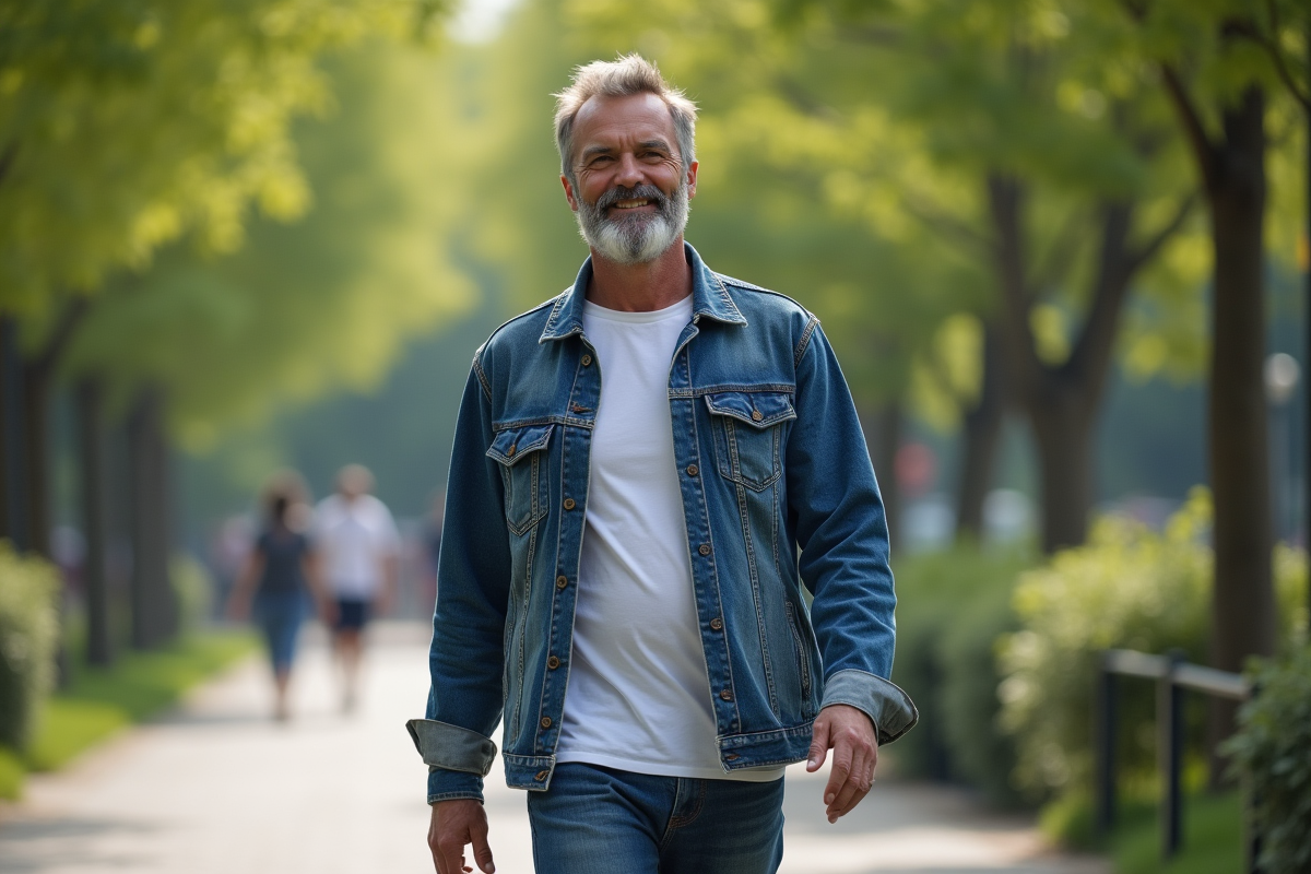 Homme souriant en denim dans un parc urbain