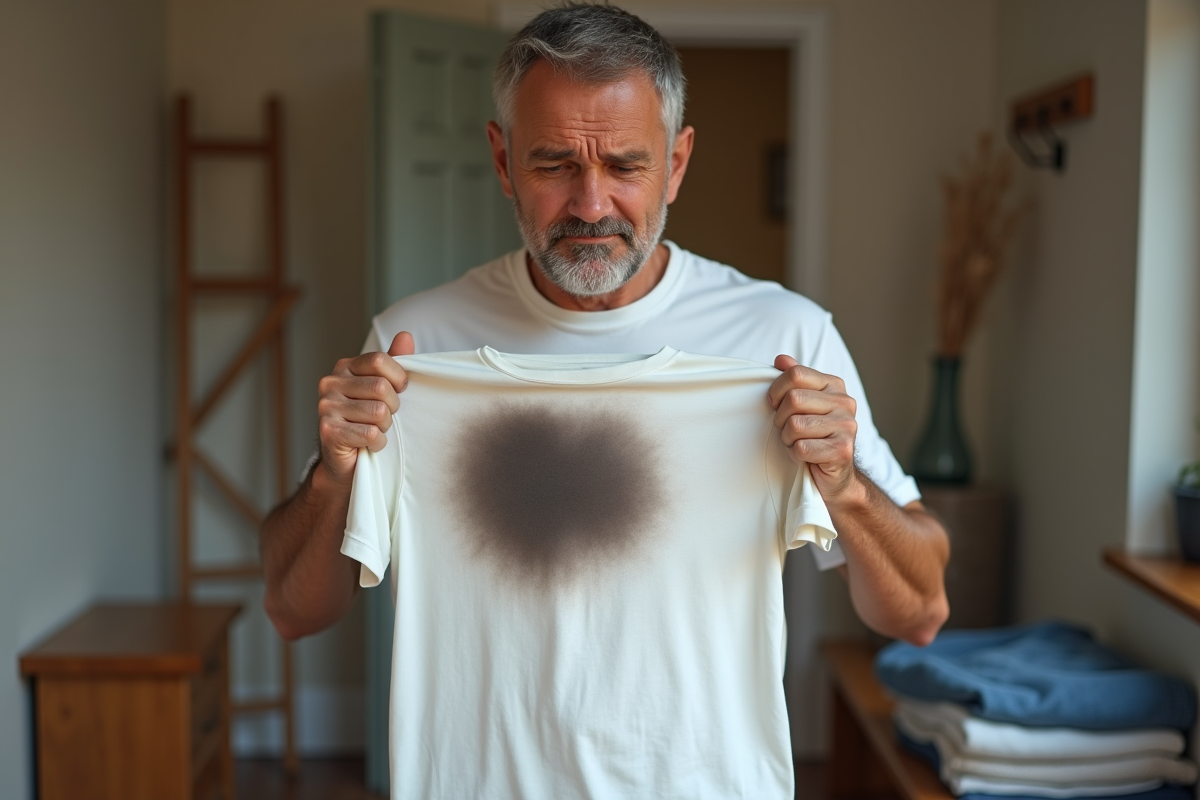 Homme perplexe regardant un t-shirt blanc taché dans le couloir
