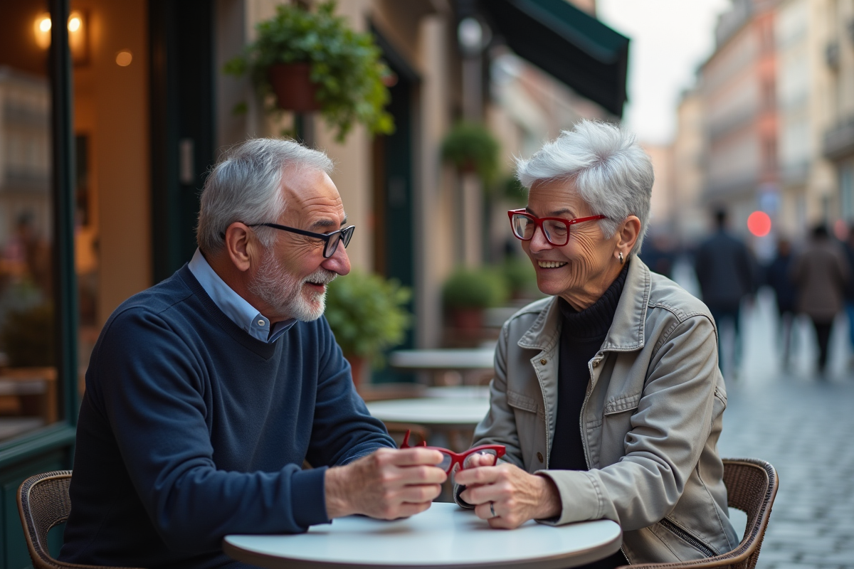 Homme essayant des lunettes rouges dans un café en ville