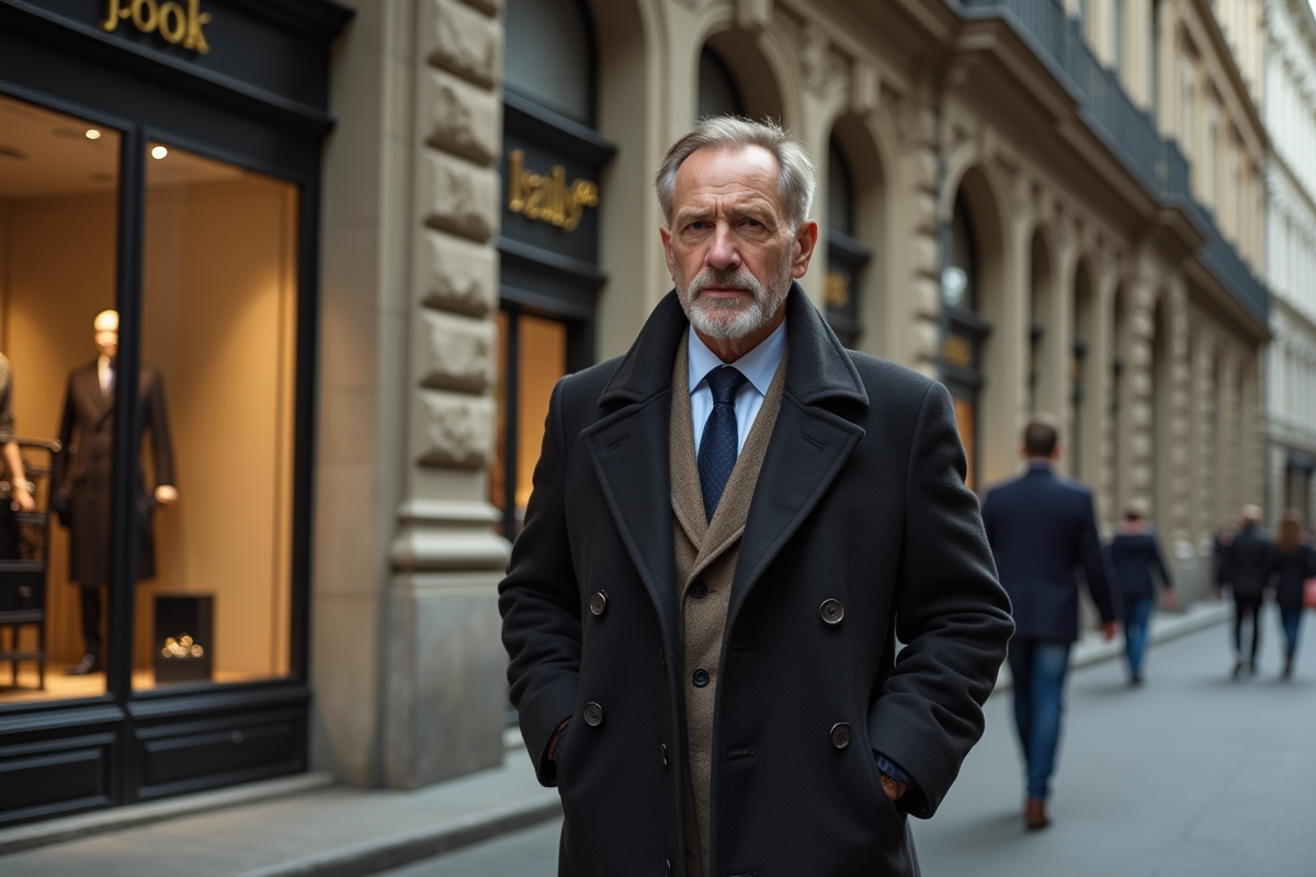 Homme européen marche dans une rue de luxe historique