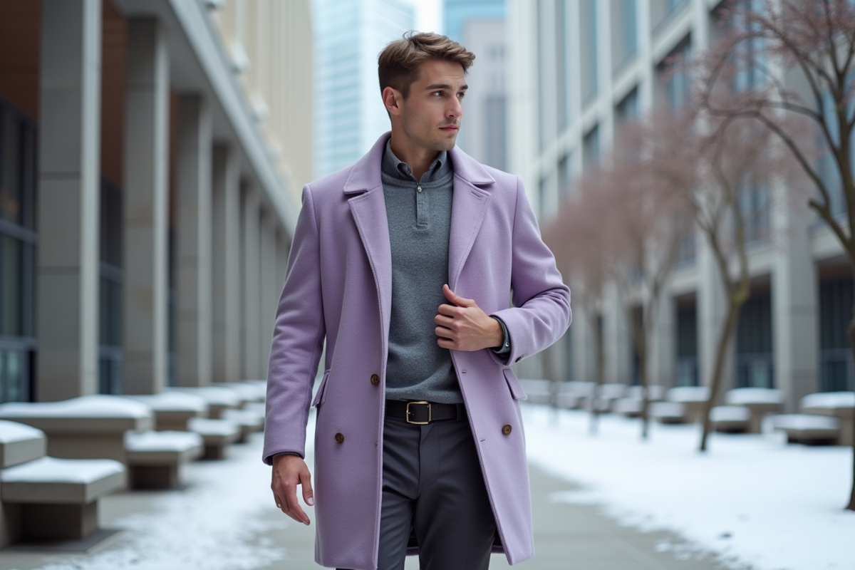Homme en manteau lavender marche en ville