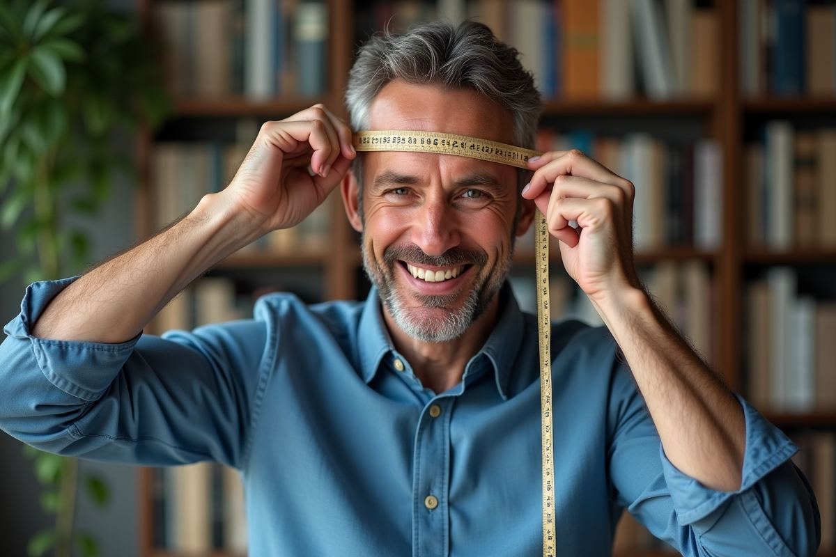 Homme d'âge moyen souriant mesurant sa tête avec un ruban