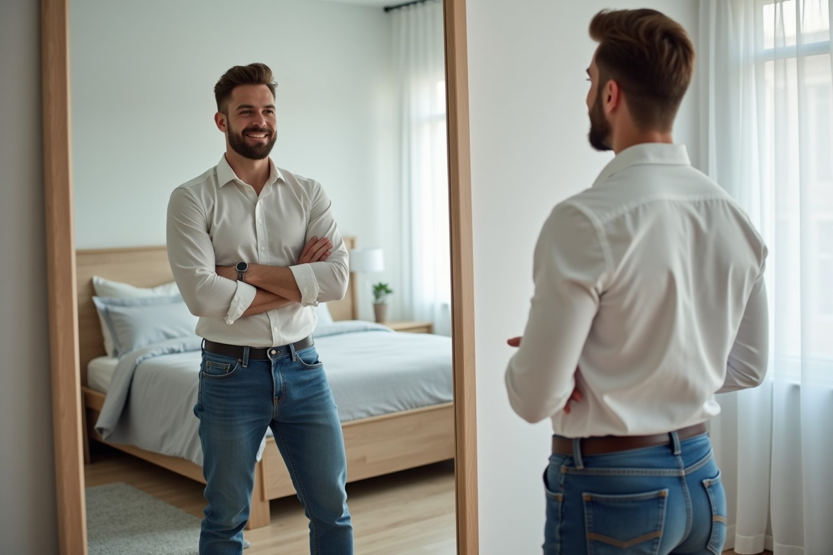 Homme en jeans et chemise dans une chambre moderne