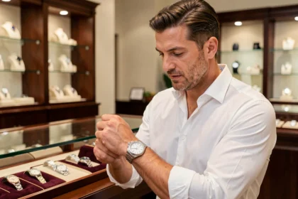 Homme examinant une montre Rolex en acier dans une boutique de montres de luxe