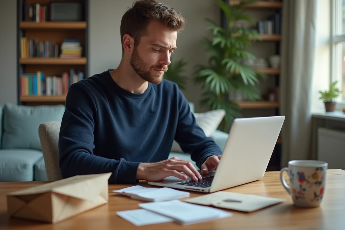 Homme tapant un code de carte cadeau sur son ordinateur &agrave; la maison