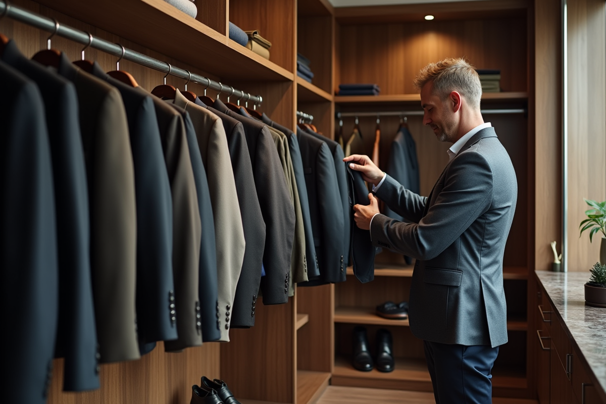 Homme analysant ses vêtements dans un dressing moderne