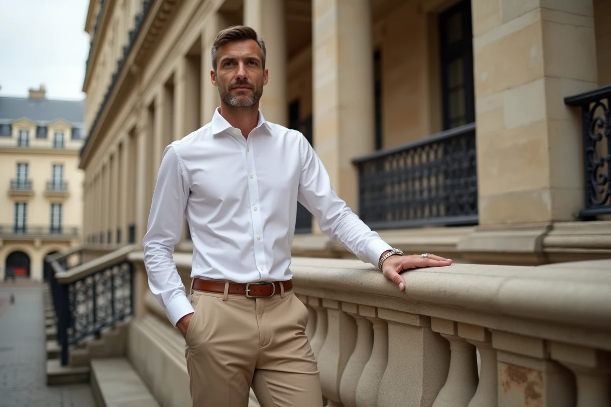 Homme élégant portant un pantalon de luxe sur couture devant une façade haussmannienne à Paris