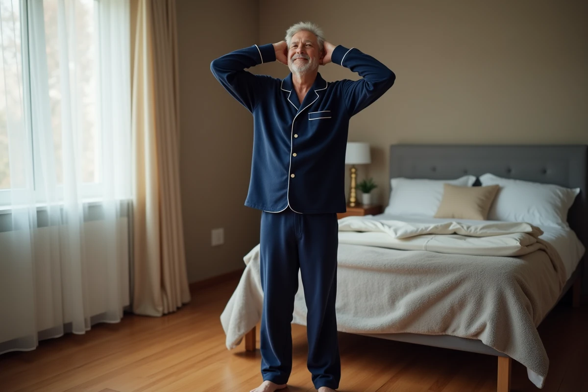 Homme d'âge mûr en pyjama pilou bleu marine qui s'étire au réveil dans une chambre douillette avec parquet en bois