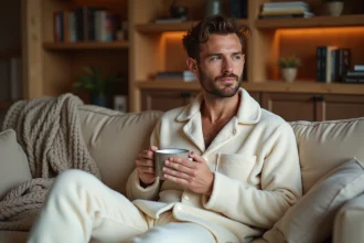 Homme en pyjama pilou ivoire confortablement installé sur un canapé en lin, tenant une tasse en céramique dans un salon chaleureux et cosy